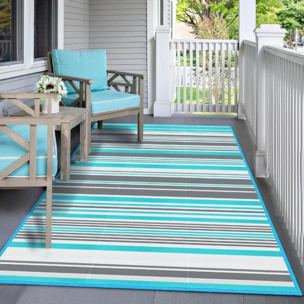 New 4x6 Outdoor Patio Rug, Waterproof Blue & Grey Plastic Carpet for Porch, Deck